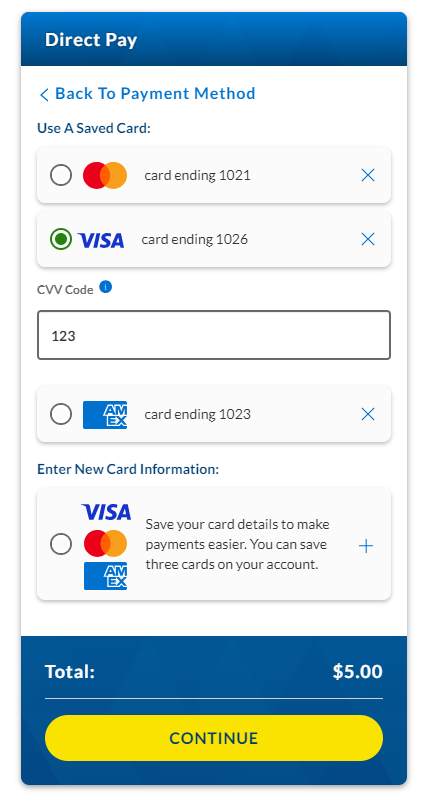 a screen capture of area to enter saved card CVV code